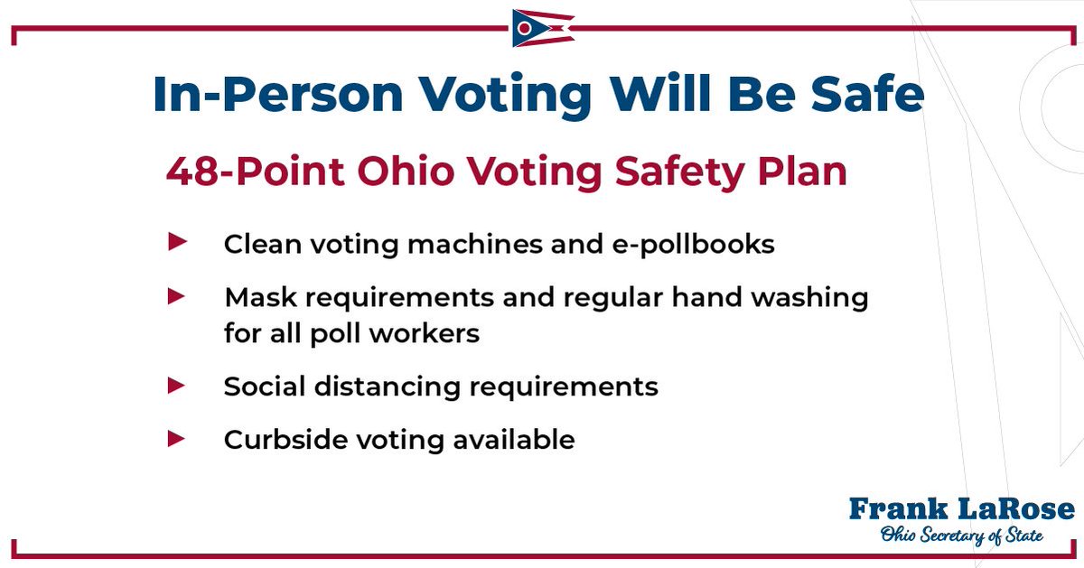 Voting in-person on election day is a tradition many Ohioans enjoy, and you WILL have that opportunity once again this year. We’re prepared to offer a safe, secure and accessible experience for voters and election workers on November 3rd. (4/5)