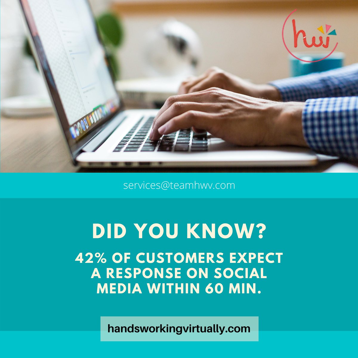 handsworkingVR's tweet image. Did you know?
42% of customers expect a response on social media within 60 min.

Is your company prepared to handle social media inquiries within the hour?  We can take care of your customers for you!

#socialmediamanagement #virtualassistants #emailhandling #phonesupport