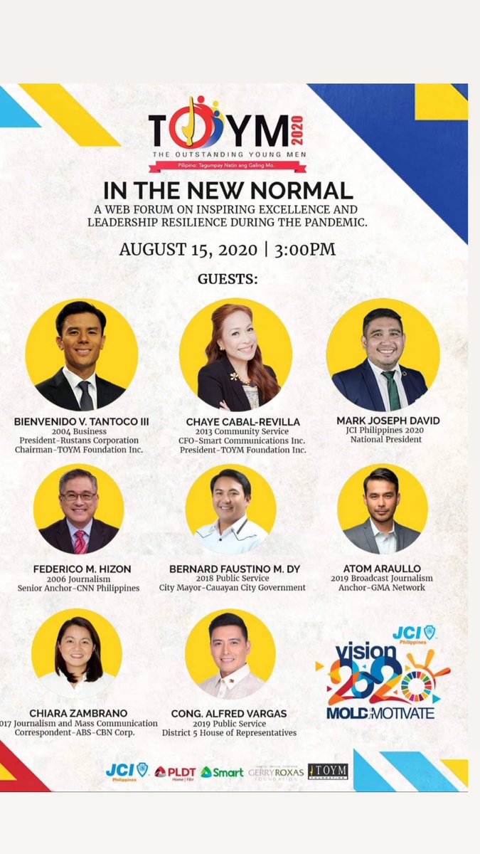 bernardfdy's tweet photo. 2020 TOYM launching tomorrow. Inspiring Excellence and Leadership Resilience during the pandemic. #TOYM #TheOutstandingYoungMen #JCI #JCIPhilippines #ServiceToHumanityIsTheBestWorkOfLife #proudcauayeño https://t.co/FfjkrJiBnU