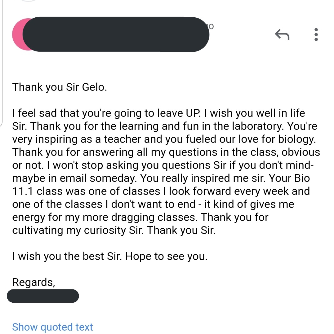 "You were very inspiring as a teacher...Thank you for cultivating my curiosity". I can't even describe the joy this brings. The reassurance knowing that I left a positive impact on my students makes me believe that I chose the right career as a scientist. #AcademicChatter