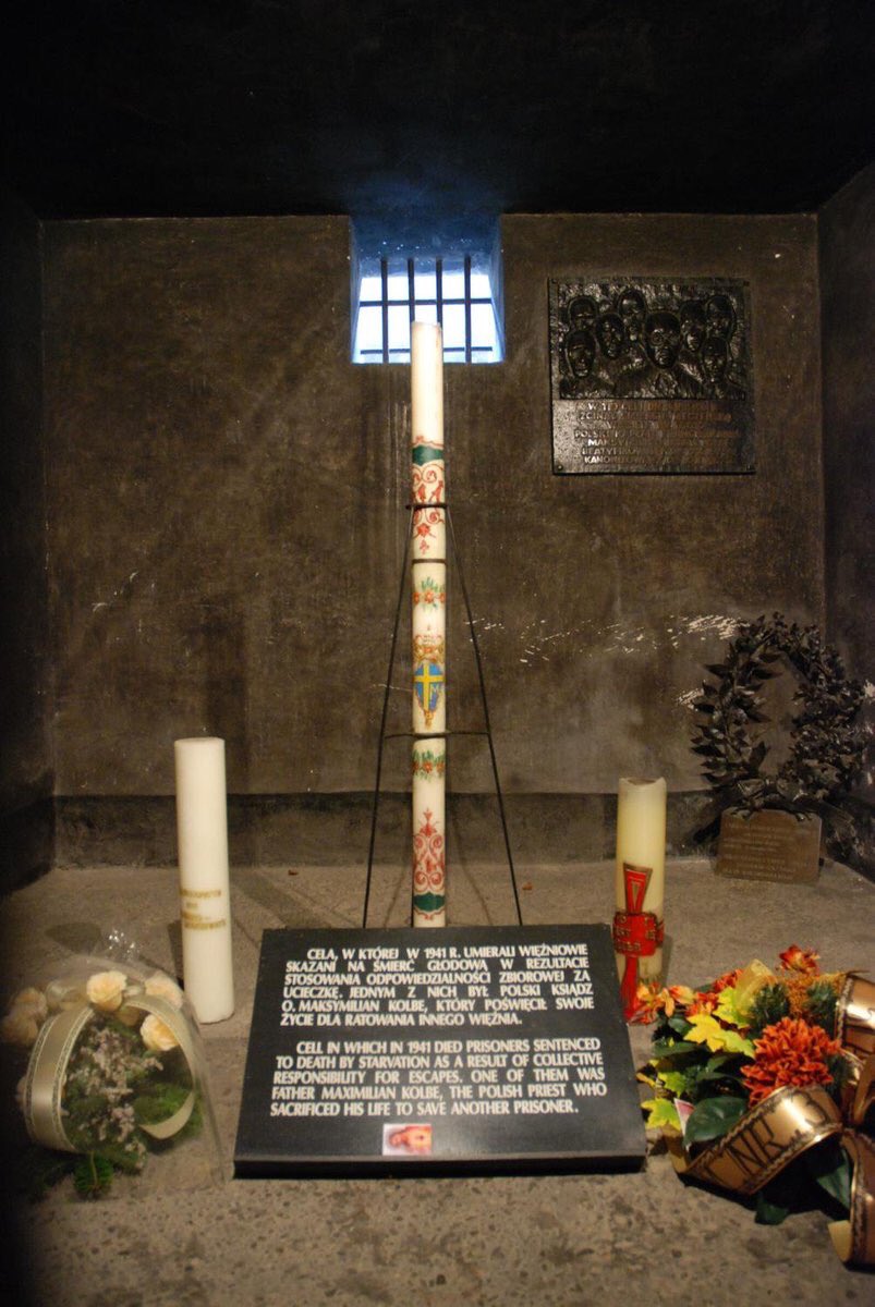 14 August 1941 | Saint ft. Maximilian  #Kolbe OFM was killed with a phenol injection inside a starvation cell of Block 11 of the German  #Auschwitz I camp. On 29 July 1941 he offered his life to save a person selected for starvation death after an escape of a prisoner.