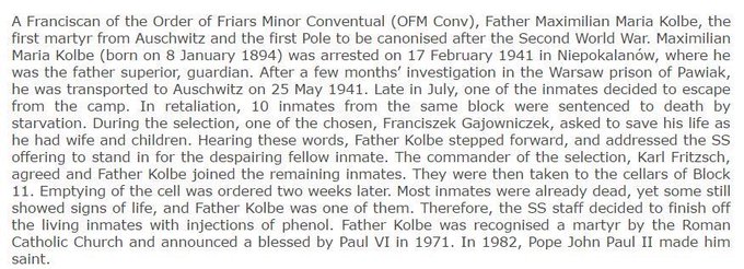 14 August 1941 | Saint ft. Maximilian  #Kolbe OFM was killed with a phenol injection inside a starvation cell of Block 11 of the German  #Auschwitz I camp. On 29 July 1941 he offered his life to save a person selected for starvation death after an escape of a prisoner.
