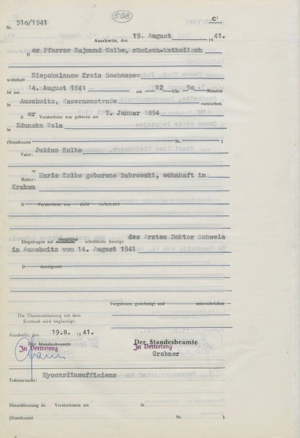 The death certificate issued by the SS administration confirming the death of Father Maximilian Kolbe in  #Auschwitz on 14 August 1941. The official cause of death given is "Myocardinsuffizienz": myocardial insufficiency.
