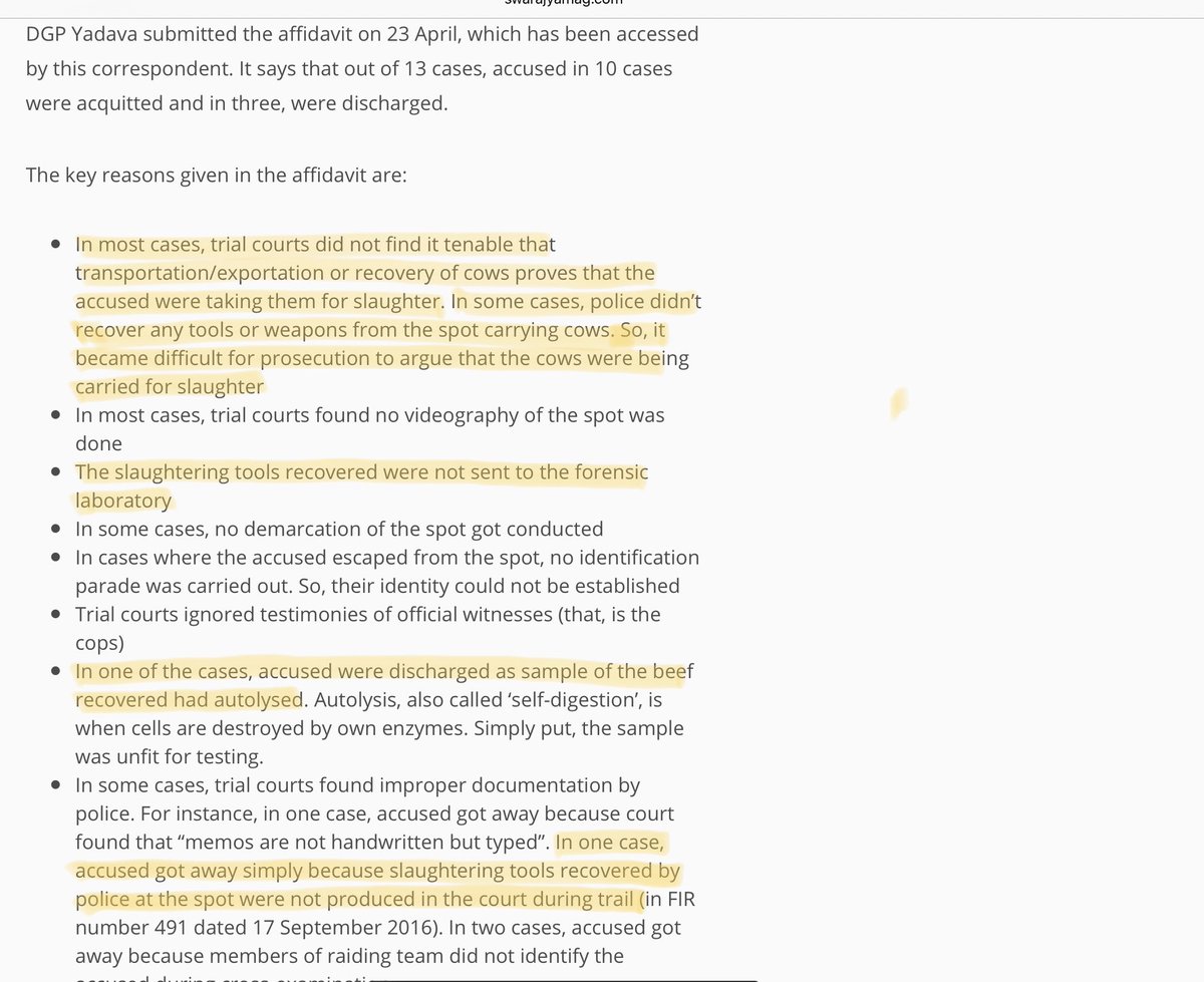 If police recover slaughter tools from inside the vehicle, they produce them in court as evidence. But it’s weak. See Haryana DGP’s affidavit to court on prime reasons why Haryana saw zero conviction (!) in 5 years: