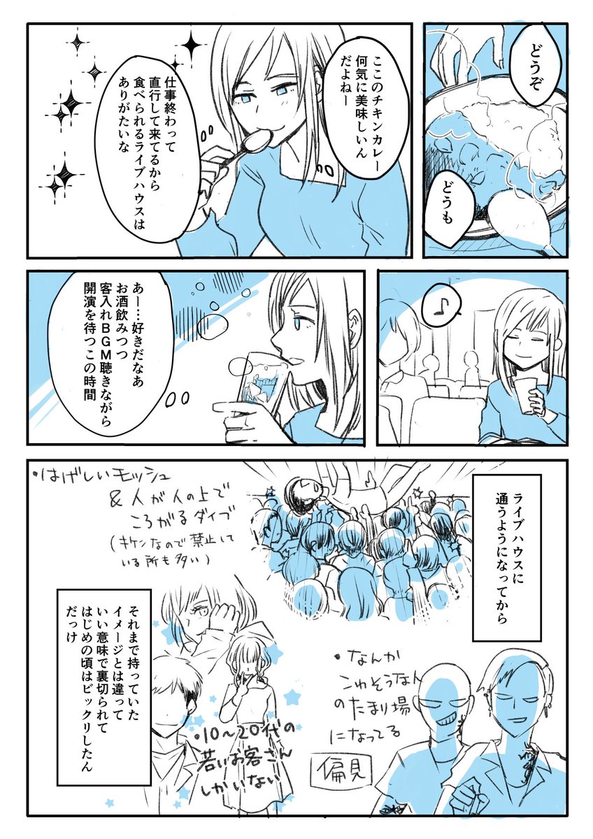 ライブハウスにまた行きたいなと思いながら描いた漫画です(ほんのり実話ベースのフィクション)
①【1/5】 