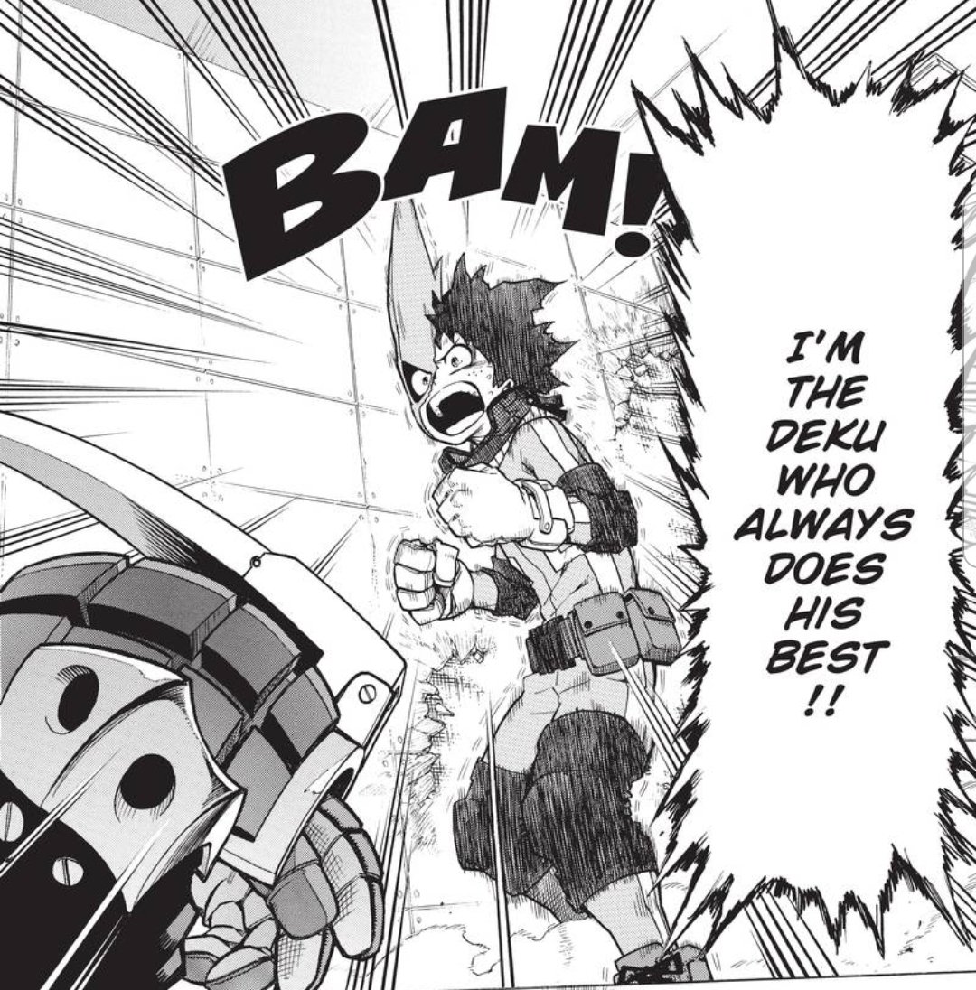 Deku's panel is important here because we see Ochako realizing that this nervous ass friend she's made who was quaking in his goofy red shoes before getting inside has stood up for himself+bravely declared the silly thing she said the day before as something of pride. She's shook