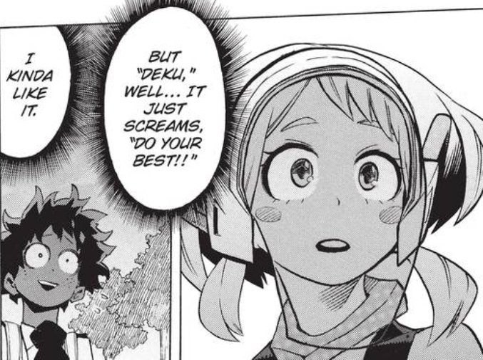 Deku's panel is important here because we see Ochako realizing that this nervous ass friend she's made who was quaking in his goofy red shoes before getting inside has stood up for himself+bravely declared the silly thing she said the day before as something of pride. She's shook