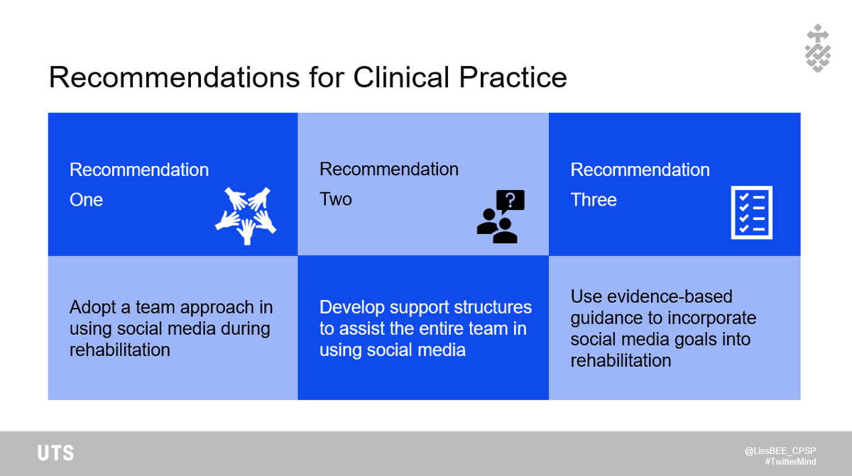 Given the importance of connection highlighted by the people with TBI, the concerns of rehab professionals regarding potential risks, and the current trial and error or restrictive approach to using social media – I identified several recommendations