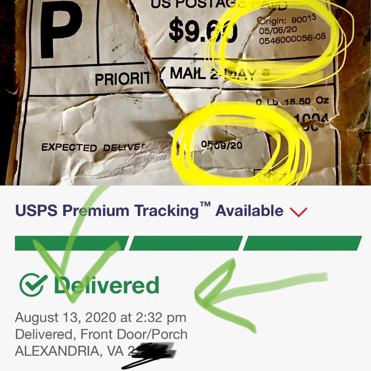 dawneemac's tweet photo. On 5/6/20 I used #prioritymail @usps to send a package from #DTLA to family in Alexandria, VA w/ expected delivery to be 5/9/20.  They received it today 8/13/20 -3 months later. It would all be pretty funny if it wasn’t so scary @CNN @GavinNewsom #vote #DumpTrump2020 https://t.co/anDfSF708g