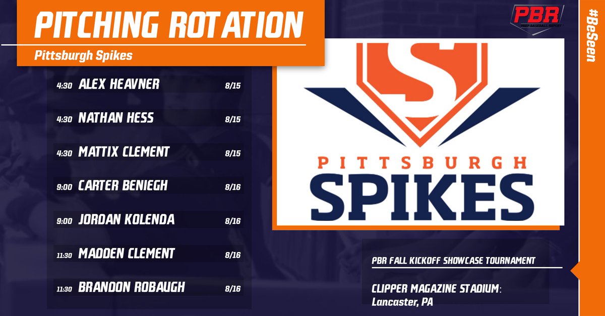 PrepBaseballPA's tweet image. Pittsburgh Spikes pitching rotation for this weekend. PBR #FallKickoff Showcase Tournament at Clipper Magazine Stadium in Lancaster, PA. @Spikes_Baseball