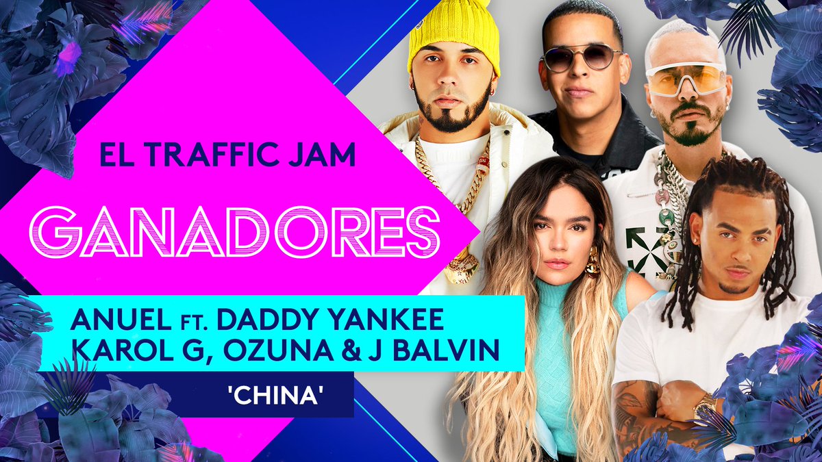 ChartsKarolG's tweet photo. "China" by @Anuel_2bleA, @daddy_yankee, @KarolG, @ozuna and @JBALVIN won "El Traffic Jam" Award at the Premios Juventud 2020. #PremiosJuventud

— This is Karol's 3rd Award of the night. https://t.co/NlB2istCNP