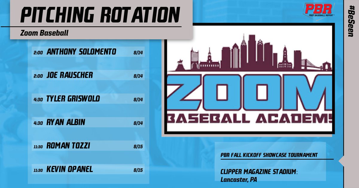 PrepBaseballPA's tweet image. Zoom Baseball pitching rotation for this weekend. PBR #FallKickoff Showcase Tournament at Clipper Magazine Stadium in Lancaster, PA. @Zoom_Baseball