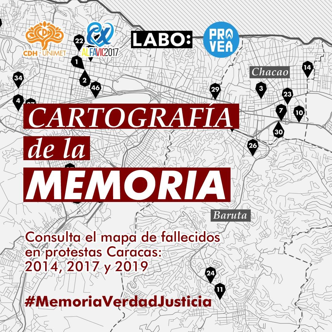 Divulgamos “Cartografía de la memoria”  mapa de los asesinados en Caracas en protestas del 2014, 2017 y 2019. Para crear Memoria, Verdad y Justicia necesarias para la reinstitucionalización democrática de Venezuela. 

Por PROVEA, <a href="/CDHUNIMET/">CDH-UNIMET</a>, <a href="/LaboCiudadano/">Labo Ciudadano</a> y <a href="/Alfavic2017/">Alianza de Familiares y Víctimas 2017 (Alfavic)</a>
