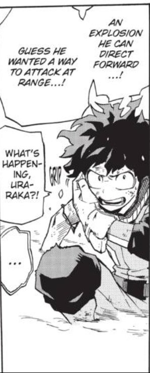 No Ochako on these panels but her and Deku communicate over headset (again better than the other team) for about two pages to get their bearings in order for one last ditch effort. But Bakugou gets impatient--seems like they talked enough tho