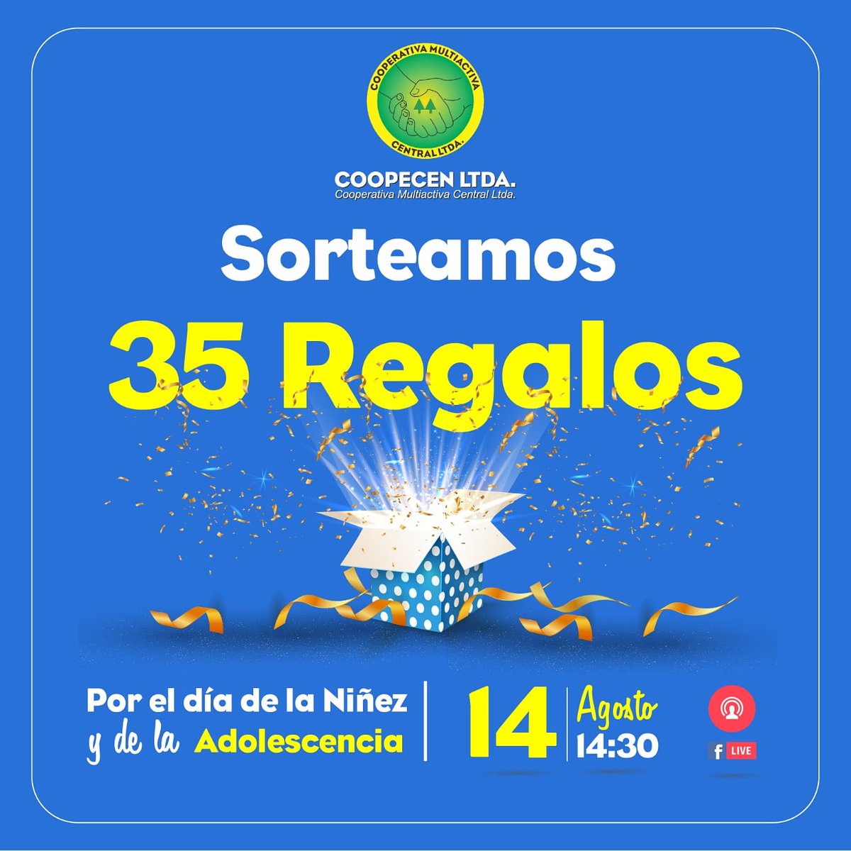 Coopecen's tweet photo. Después del sorteo de Circulo de Ahorro Autocancelado rendiremos homenaje a los niños caídos de Acosta Ñu con regalos para la infancia. ¡Prendete a la fan page de la Cooperativa para ver si tu hijo  o hija se lleva uno de los regalos 🎁  que tenemos! https://t.co/RW4kFtDLqJ
