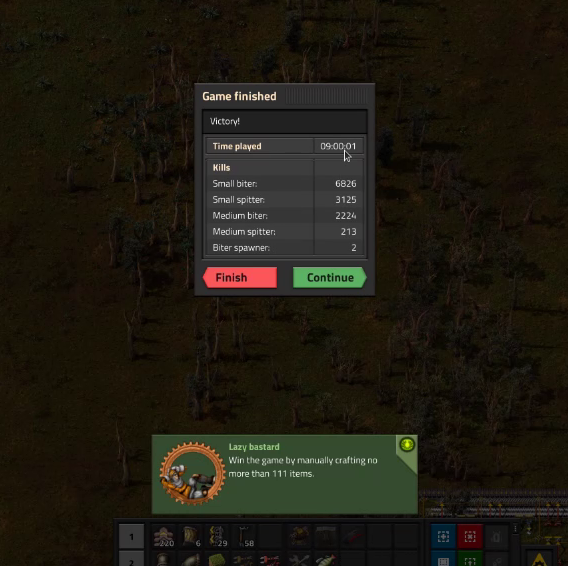 Beiju's tweet image. the factorio 1.0 comes out tomorrow, so what better time for a quick 9-hour game to get the last achievement i hadn't done