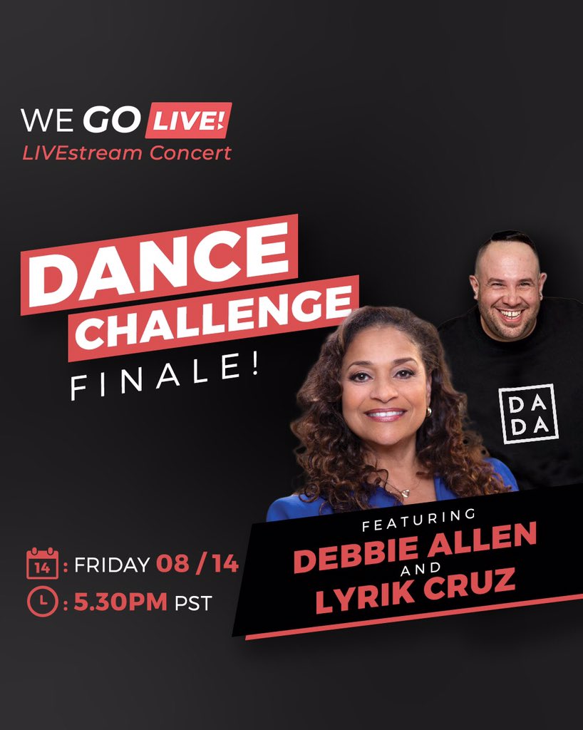 We are honored to join our #LIVEHeros @msdebbieallen & @lyrikcruz LIVE! for the FINALIE @WeGOLIVE247 Dance Challenge - Tune in! - 5:30 pm PST (8:30pm EST)

#dance #thearts #supportlocal #defythelimits #Covid_19 #Relief #solidarity #DebbieAllen #LyrikCruz #choreography #academy
