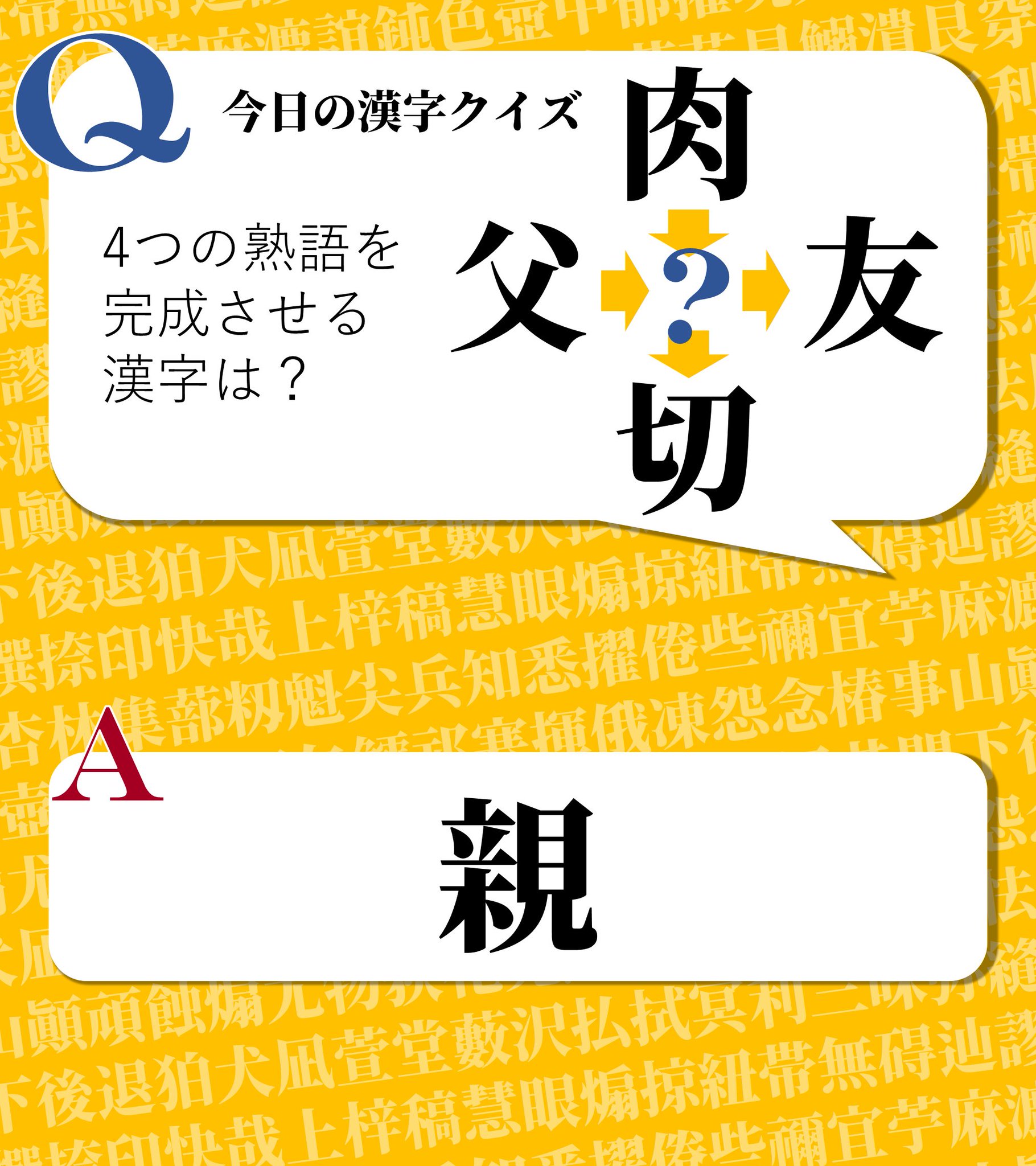今日の漢字クイズ 今日の漢字クイズ 4つの熟語を完成させる 共通の一字は 肉 父 切 友 答えは画像をクリック 漢字 漢字クイズ 虫食い漢字