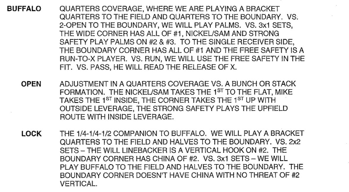 The coverages are balanced too. Brown (1 high man free), 3 and 3 robber) are middle of the field closed coverages, whereas Buffalo and Lock are basically quarters and quarter-quarter-half variations. Not wedded to one or the other.