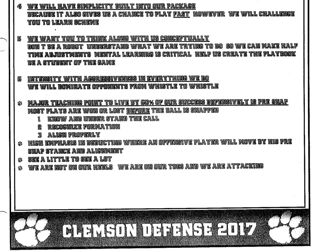 Venables makes a big deal about the focus on the mental side — “we will challenge you to learn scheme,” “don’t be a robot,” “we we want you to think along with us conceptually,” and heavy emphasis on pre-snap awareness. Well thought out stuff