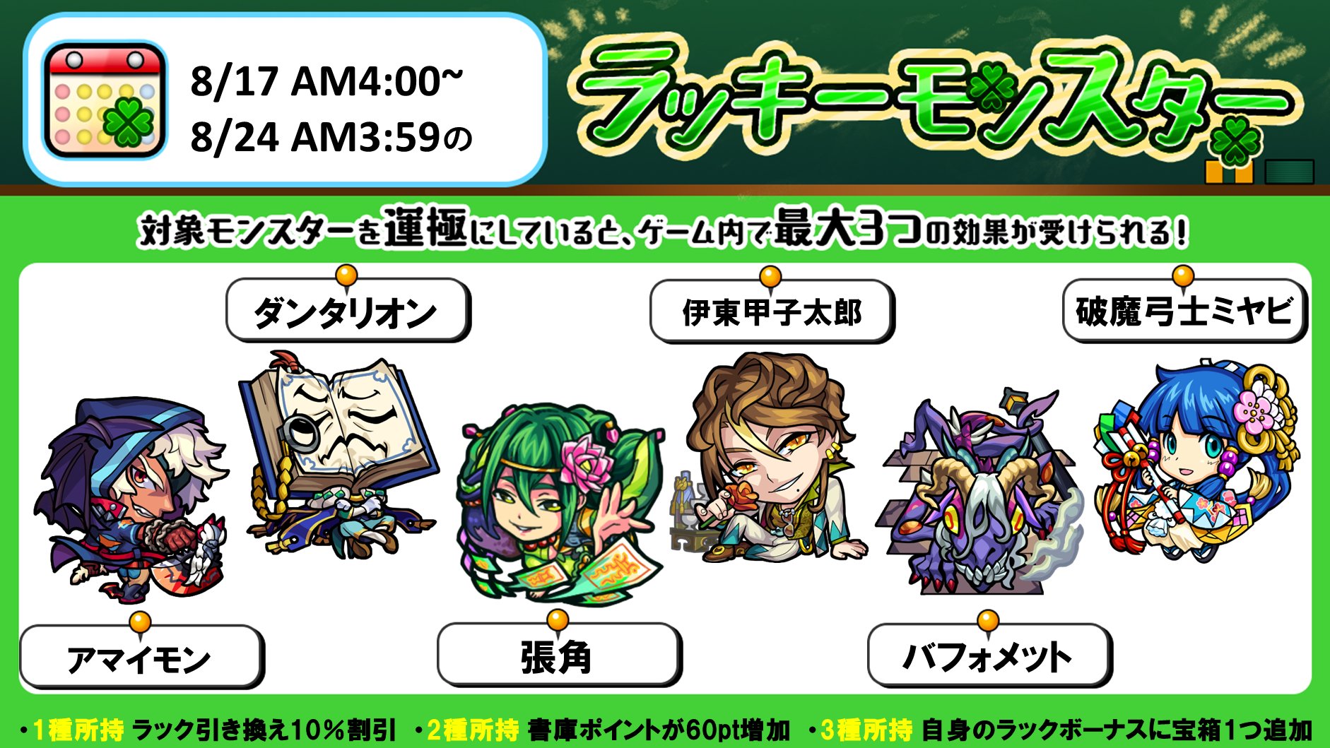 モンスターストライク公式 モンスト 次回のラッキーモンスター 対象モンスターを運極にしている種類数に応じて 最大3つの効果が受けられます 詳細はこちら T Co Grzhh23tka モンスト T Co Wvplr6efns Twitter