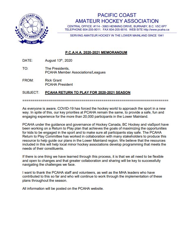 PCAHA Return to Play Memo
#WeAreBackTogether