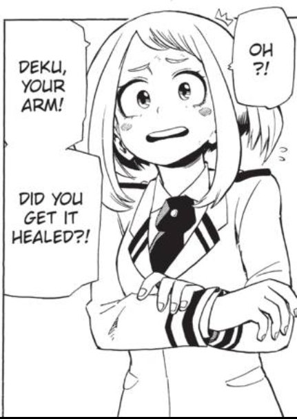 We round out ch.11 with Ochako fretting over her friend when he comes back from Recovery Girl with his arm still noticeably injured. She might feel bad because their last plan they went with was so risky and got him hurt