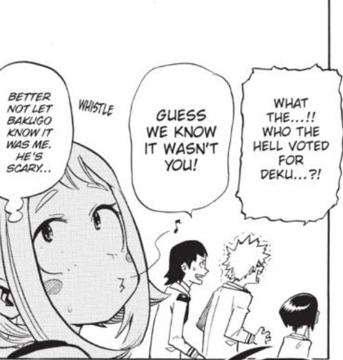 This chapter's focused on vote for the class rep (class president in the eng translation) so Deku wins by earning 3 votes and....well you can figure who one of those votes was lol