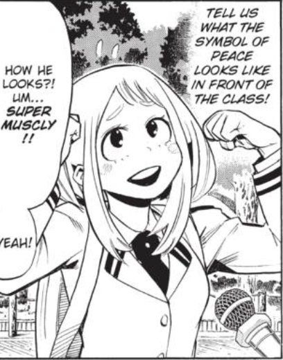 Ch. 12 features a cute starting Ochako being very unhelpful to the press. You're doing amazing, however unintentionally, sweetie