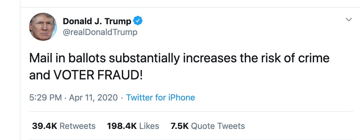 3/ Vote by mail solves a host of problems, including eliminating the need for electronic voting machines, creating a paper trail, and making voter suppression more difficult.Initially, Trump tried to dissuade people from voting by mail by saying it increases the risk of fraud.