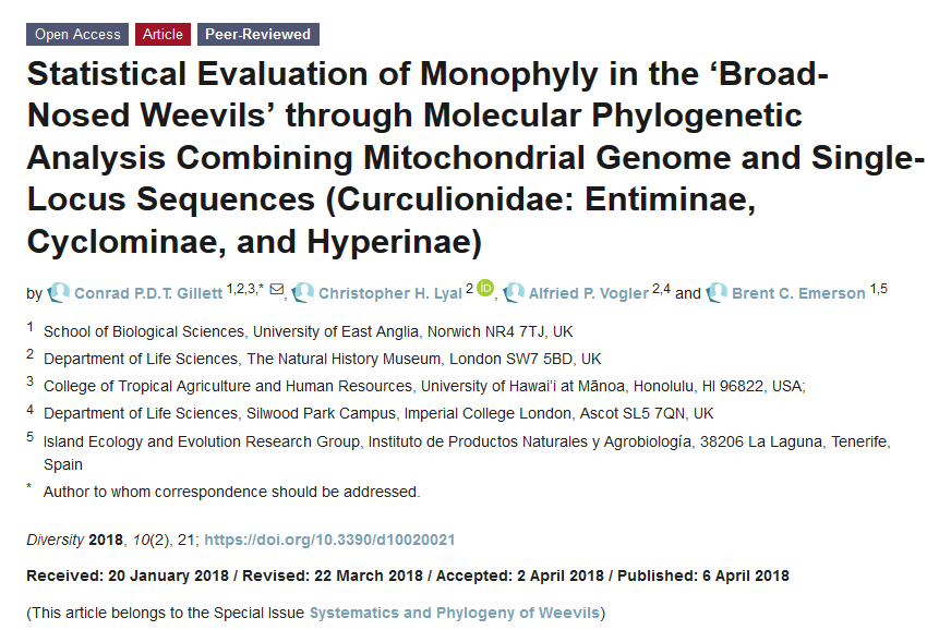 DiversityMDPI's tweet photo. #DiversityMDPI, Statistical Evaluation of #Monophyly in the ‘Broad-Nosed Weevils’ through Molecular #Phylogenetic Analysis Combining Mitochondrial Genome and Single-Locus Sequences (Curculionidae: #Entiminae, #Cyclominae, and #Hyperinae), https://t.co/6HkoyHSuhg https://t.co/Uc0OzT1uaC