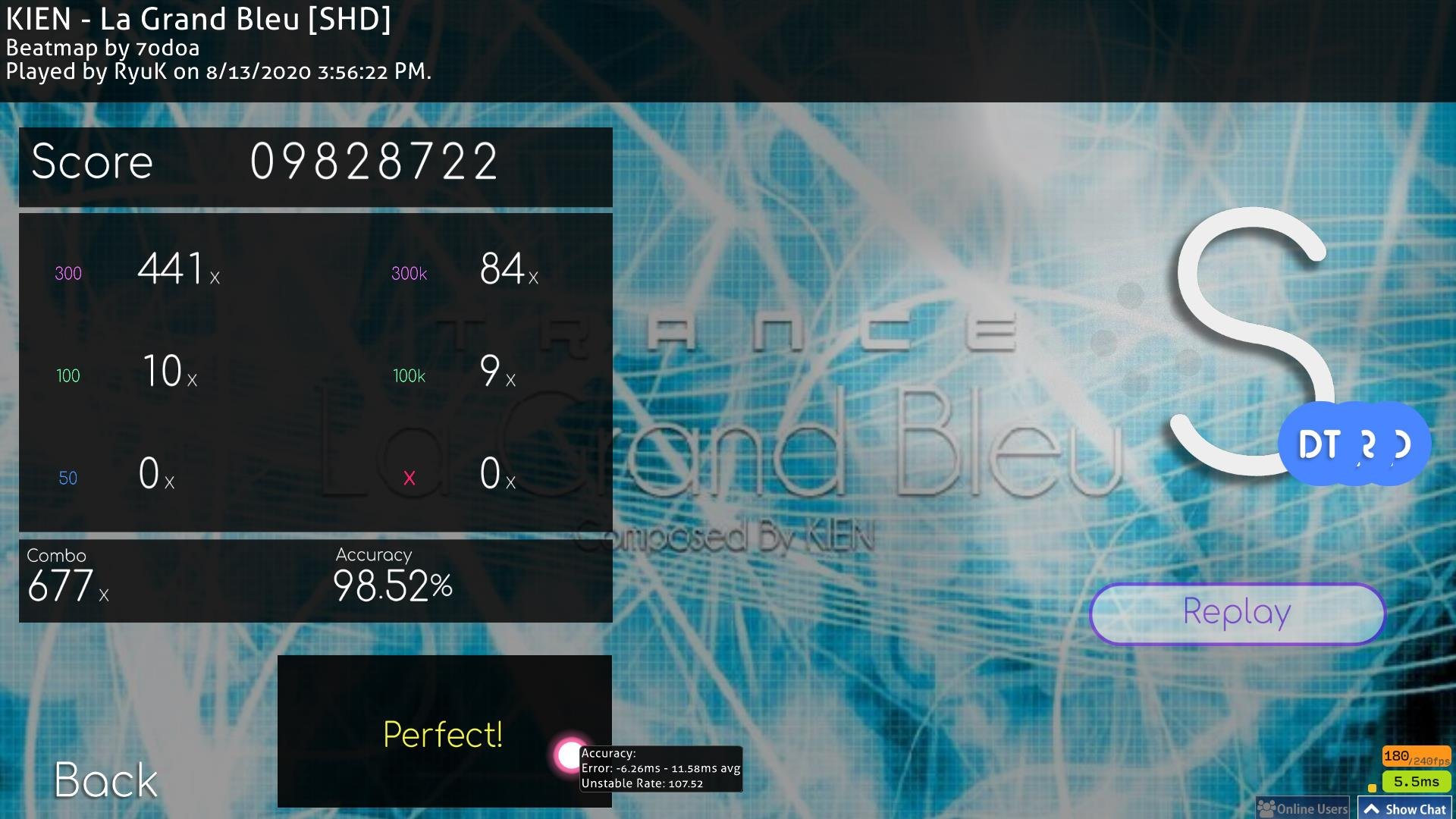 Osu Score Of The Day August 13th S Score Of The Day Ryuk Reeyoukay S Hddthr Fc On La Grand Bleu With 98 52 Accuracy Earning Him The 1 Spot On The