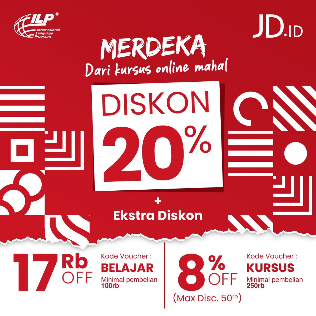 ILPspeakaway's tweet photo. DIRGAHAYU 75th INDONESIA MERDEKA!

Dapatkan discount khusus untuk pembelian program ILP: 3to6, Kids, Teens, dan Adults hanya melalui JDid. Buruan beli vouchernya dan klaim kode vouchernya!
#KursusBahasaInggris #KursusInggrisOnline #DirgahayuIndonesia75th #IndependenceDay #ILPLife https://t.co/Te1pRje9nE