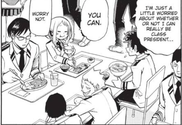 I forgot how much of the original trio is here  trio eats lunch together and look at her face too cute. Iida and Ochako (Deku's two extra votes) reassure him that he'll be a great class leader