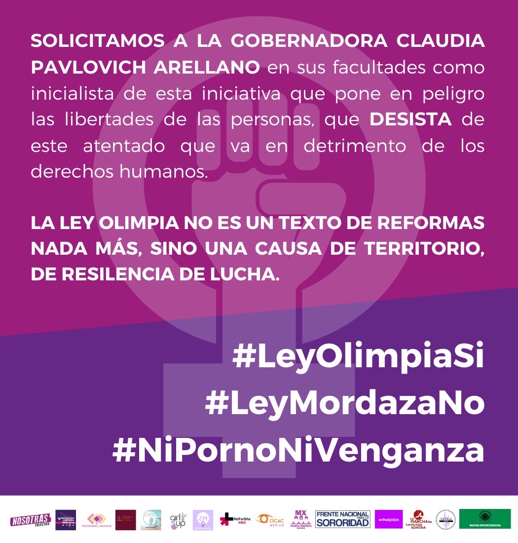 HeforsheSonora's tweet photo. Lo propuesto en el dictamen NO es LEY OLIMPIA, es una LEY MORDAZA no nos protege ni nos representa, queremos Ley Olimpia como una causa no como asunto de beneficio político.
Ayúdanos dando RT y etiquetando a la gobernadora @ClaudiaPavlovic y a los diputados.
#LeyOlimpiaSí https://t.co/ZOH8uEPw9P