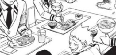Bonus note: Deku's having his fav katsudon (pork cutlet bowl), Iida's having some kind of curry, and I'm not 100% on Ochako's... I see a bowl of rice, some miso, and it might be sushi in front of her but I can't say for sure. Probs easier to tell in the anime lol