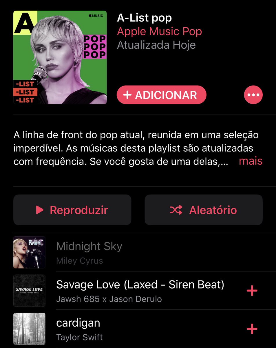 Miley Cyrus está na capa da maior playlist da Apple Music com #MidnightSky no topo.