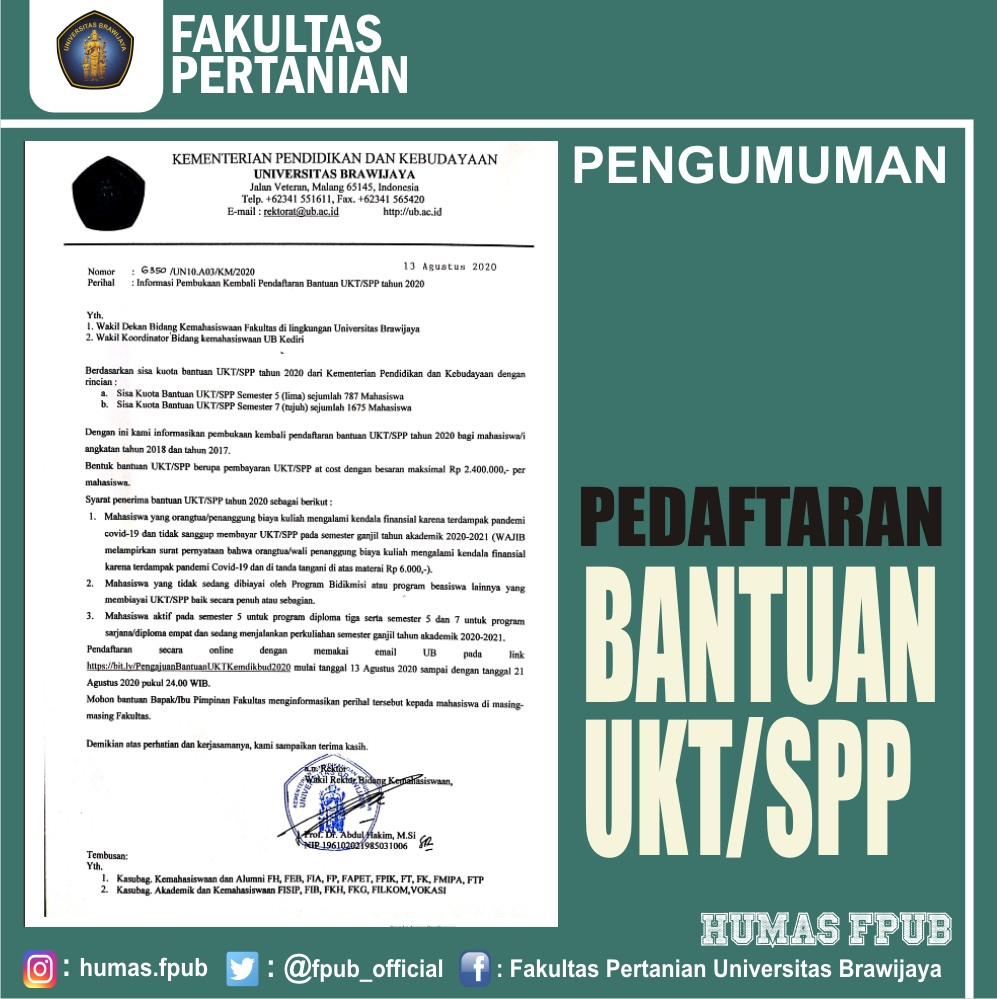 INFORMASI PEMBUKAAN KEMBALI PENDAFTARAN BANTUAN UKT/SPP TAHUN 2020