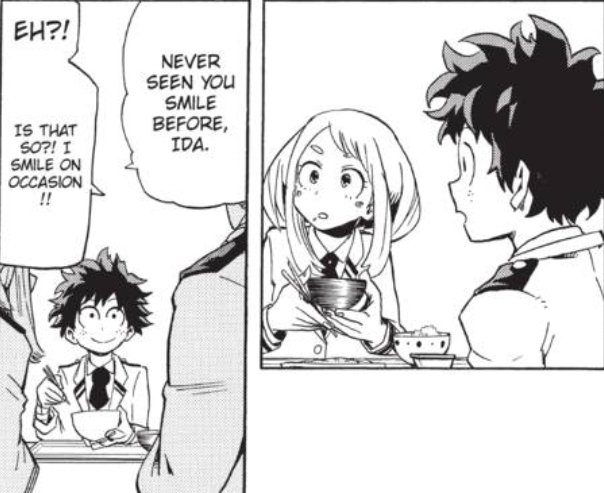 When he talks about his brother, Iida smiles and it throws them off and Ochako has to comment on how little he smiles  "just says whatever pops into her head" is right lmfao