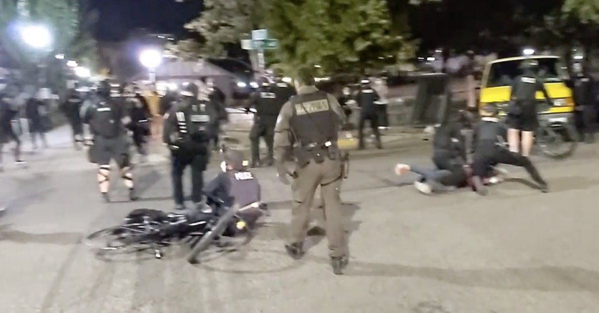 At this point all hell breaks loose, the entire group of officers begins violently pushing back protesters who are attempting to get away. It also appears the Iconic Global "officers" back them up in this offensive. Two people are arrested.