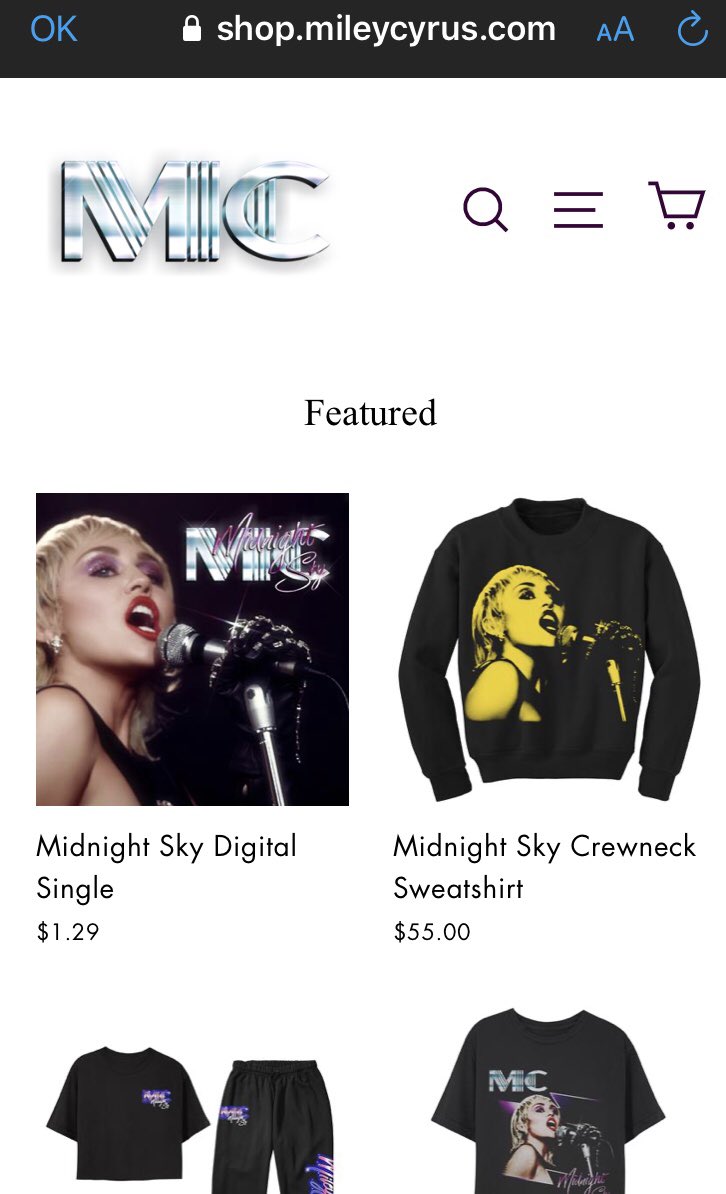 MileyCyrus_es's tweet photo. 🚨 NUEVO MERCHANDASING DE #MidnightSky EN LA WEB DE MILEY https://t.co/pvBKve5jns