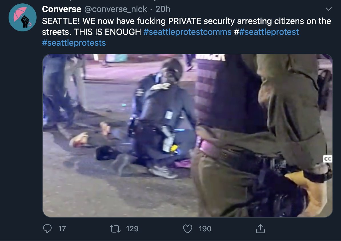 But it's difficult to see this as just some coincidence, because Iconic Global was seen earlier that night assisting SPD in arrests. And not only has Iconic Global been patrolling the area, they have also admitted to actively following protest marches around Capitol Hill.