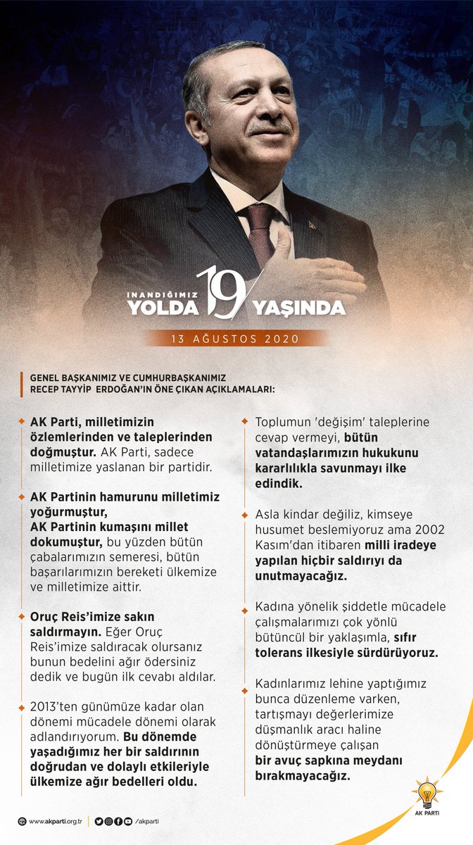 Genel Başkanımız ve Cumhurbaşkanımız Sn. @RTErdogan, Ak Parti'mizin 19. Kuruluş Yıl Dönümü Programında önemli açıklamalarda bulundu... #AkSevda19Yaşında