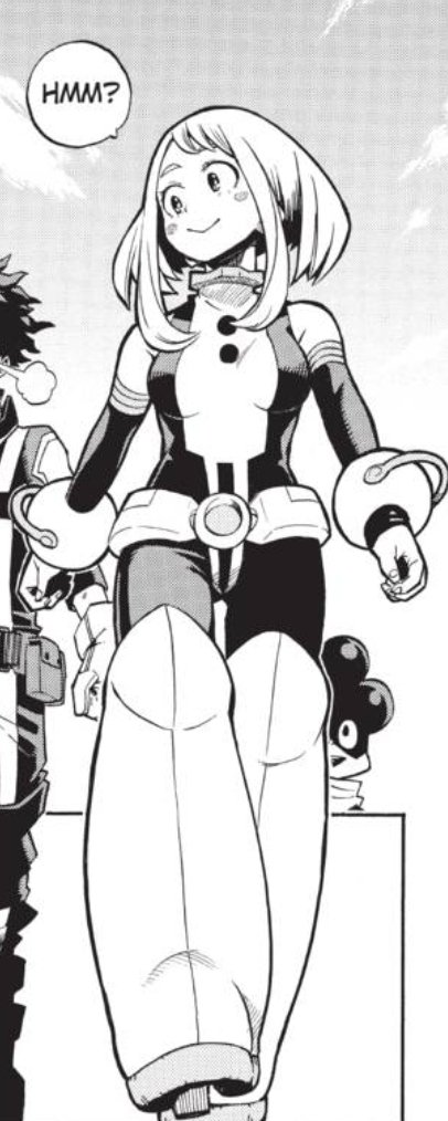 Ch. 13 and we open with Ochako's opening panel is her back in her Hero costume for the rescue training! She also notices Deku's missing his costume before anyone else--or the only one to comment. As we noted last chapter, she's a blurter lol