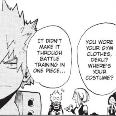 Ch. 13 and we open with Ochako's opening panel is her back in her Hero costume for the rescue training! She also notices Deku's missing his costume before anyone else--or the only one to comment. As we noted last chapter, she's a blurter lol