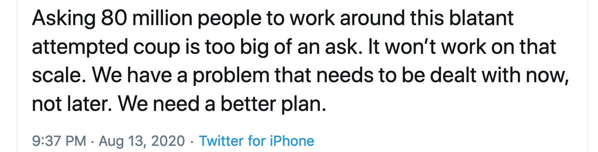 23/ It's late and I'm testy, but this kind of thing irritates me Thousands of volunteers are textbanking, reaching voters, and getting the word out. More are needed.There is no solution "now." There are no magic bullets. Nobody is going to ride in on a charger and save you.