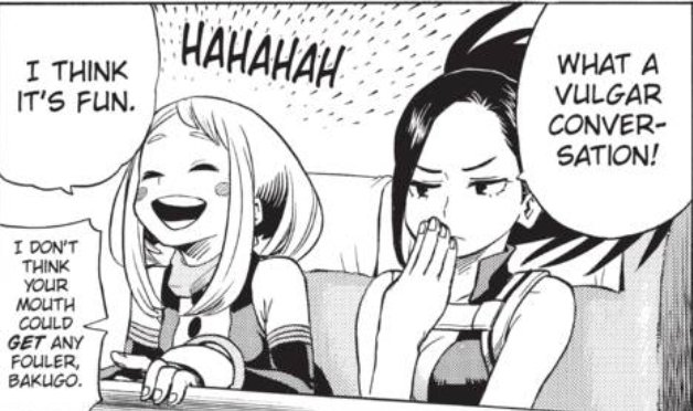 Momo and Ochako have very different senses of humor, clearly. (Also, note Ochako's lifted index finger on the bar to keep from activating her Quirk)