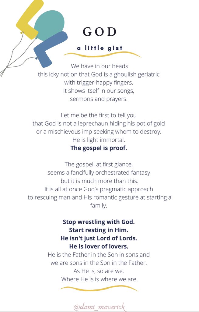 I particularly like this piece because it addresses something I consider one of the biggest issues in the faith; one that raises questions in the minds of so many believers and ‘ex-believers’ - The gross misrepresentation of God.  #ThisLittleLight