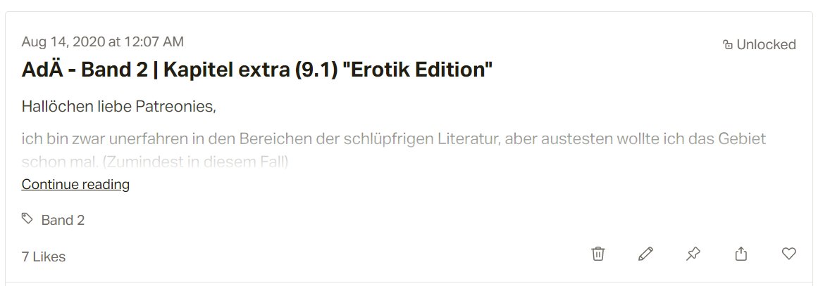 Am Wochenende gibt es dann die erste Kurzgeschichte zu Atlas des Äthers Band 2. Sie.. ehrm.. füllt eine Lücke... zwischen Kapitel 9 und 10, ehrm und... füllt noch ganz andere Lücken.

Also, liebe Patreons... ehrm... viel Spaß. :'D