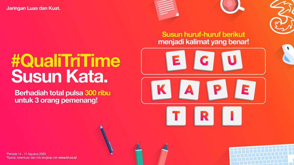 Udah siap buat menangin hadiah total pulsa 300rb untuk 3 orang pemenang di #QualiTriTime minggu ini? 

Caranya tinggal susun kata dibawah ini dan buat jadi kalimat paling kreatif di kolom reply.

Makin kreatif makin besar kesempatan menangnya! 

#JaringanLuasDanKuat
#SiapaTakut
